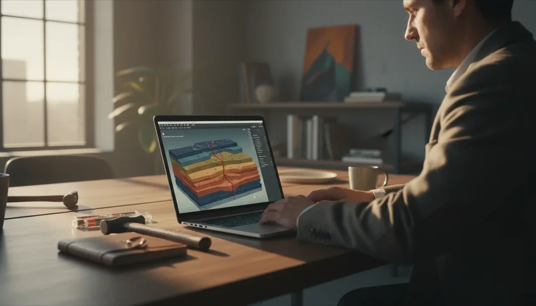 Geologist working with 3D geological modeling software for resource evaluation