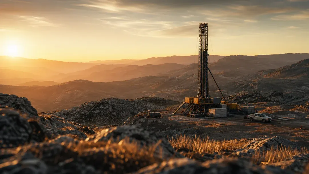 drilling rig at mining exploration site in mountains during golden hour sunset