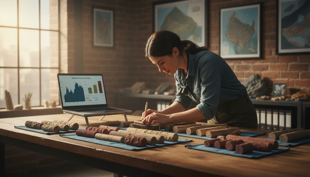 Geologist analyzing core samples for mineral resource evaluation