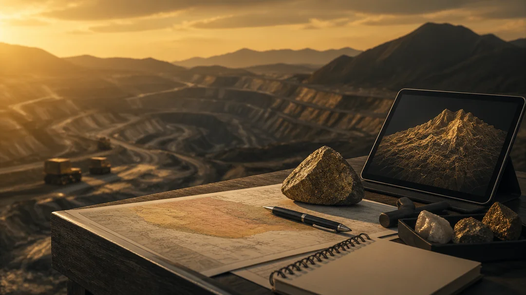 geological analysis workspace with maps and tablet overlooking open pit mine at sunset