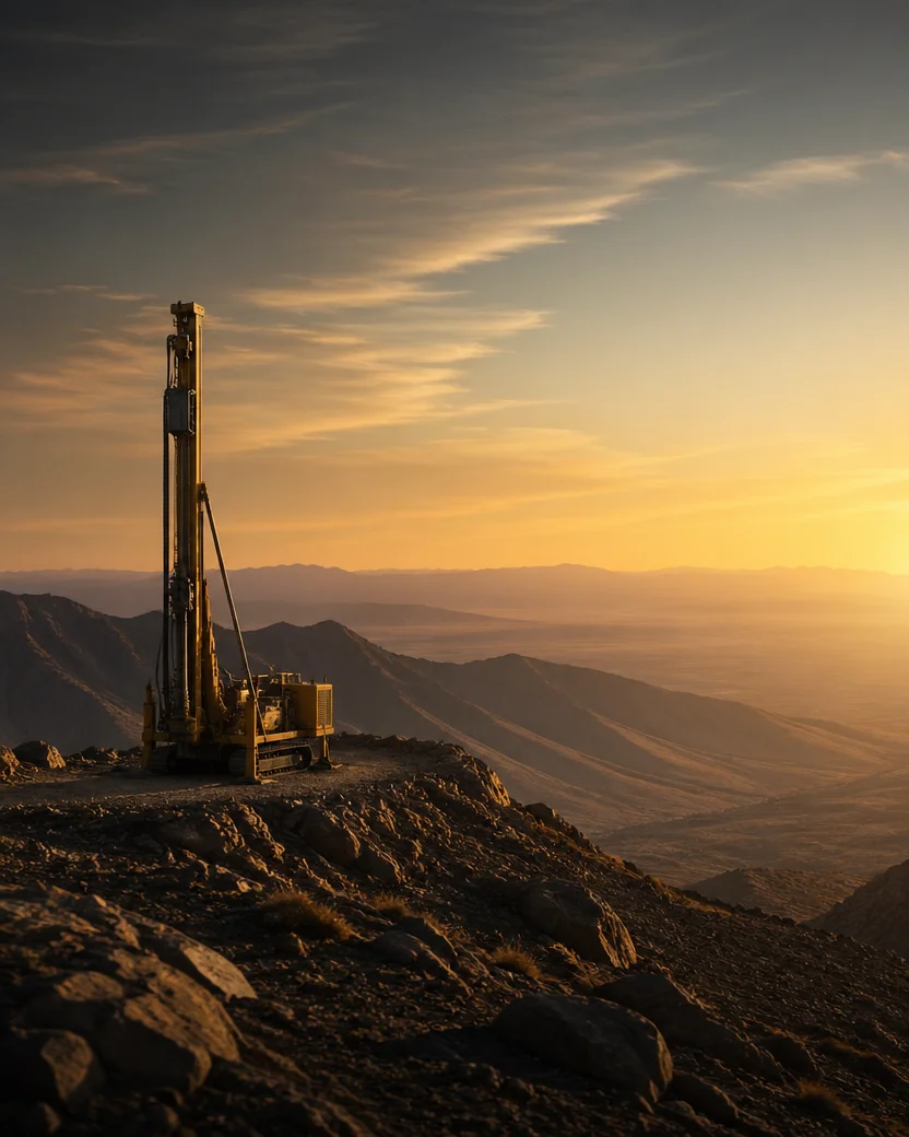drilling rig at mining exploration site in mountains during golden hour sunset